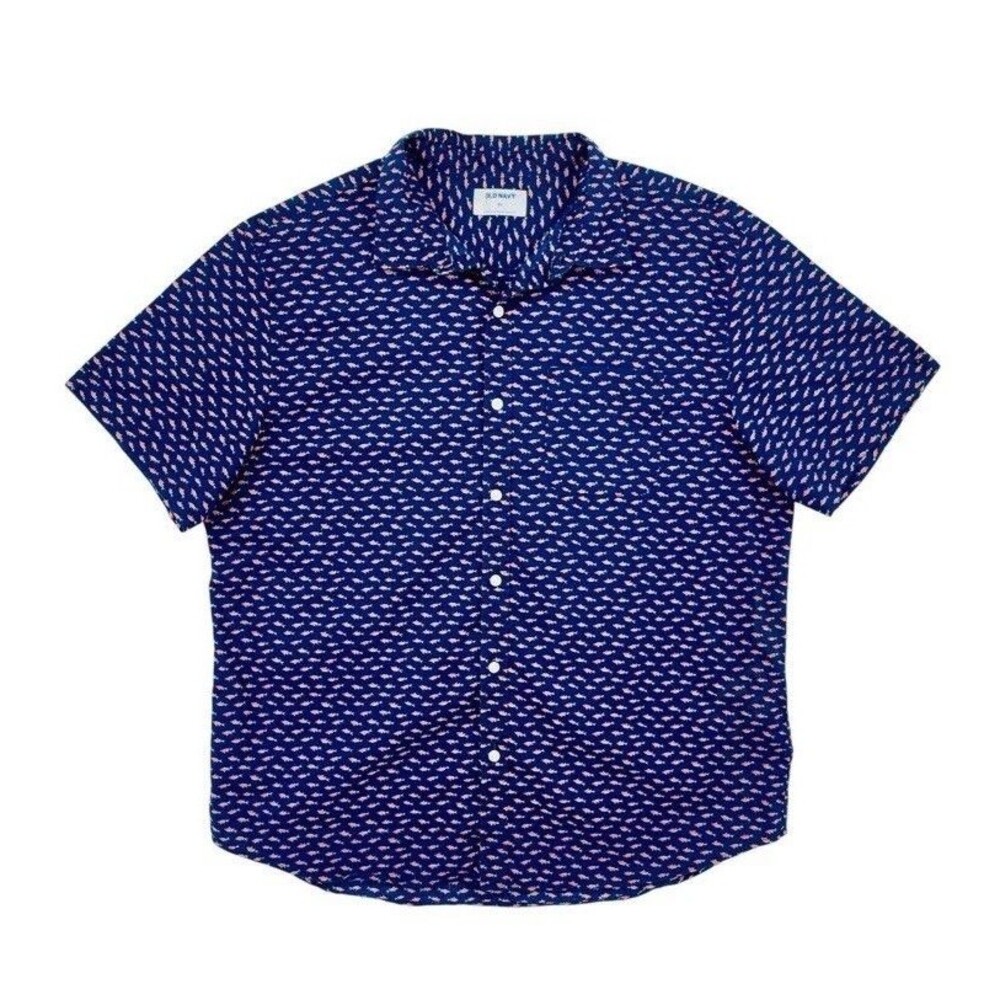 Old Navy Mens Perfect Fit Shirt Multi Fish Print Medium Fishes Button Up Top New